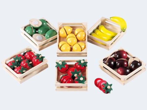 Früchte in Obstkiste Holz zerschneidbar 6f sort.