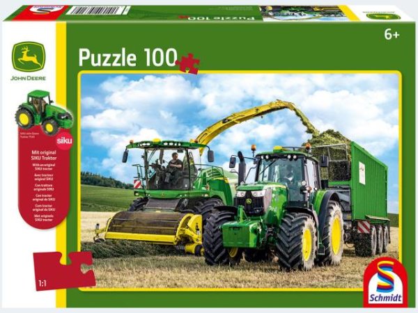 Puzzle - John Deere Traktor 6195M und Feldhäcksler 8500i, 100 Teile, mit Add-on (SIKU Traktor)